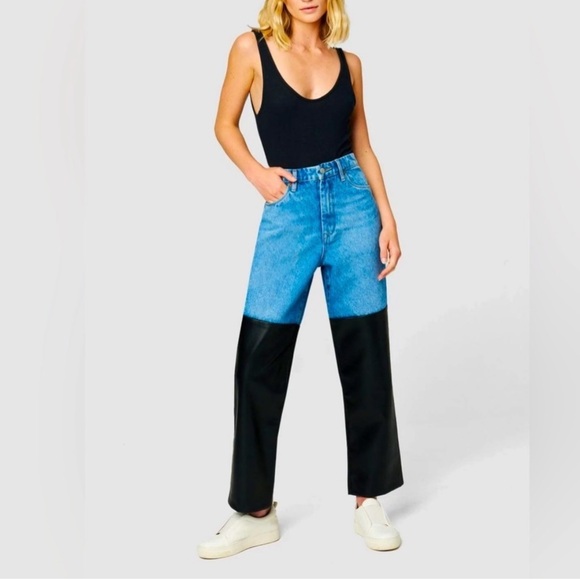 Blank NYC Jeans Blue Baxter Wide Leg Denim | Moto Faux Leather Biker - Picture 4 of 11